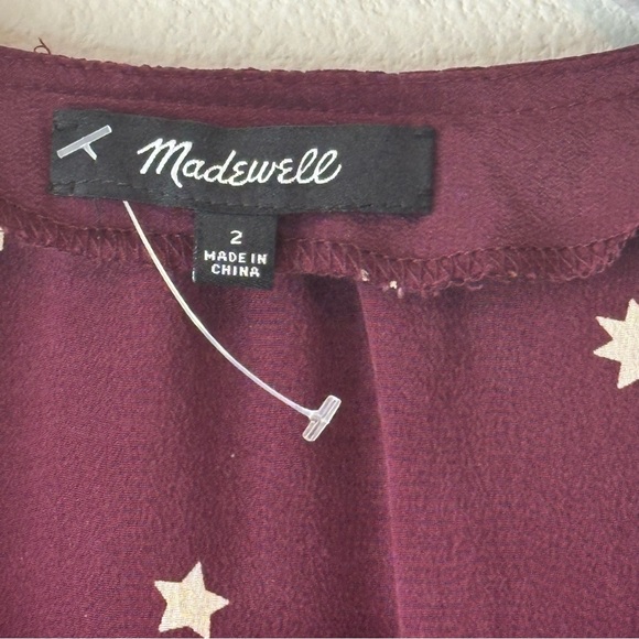 Madewell Silk Belle Star Mix Burgundy Button Top - Picture 7 of 9